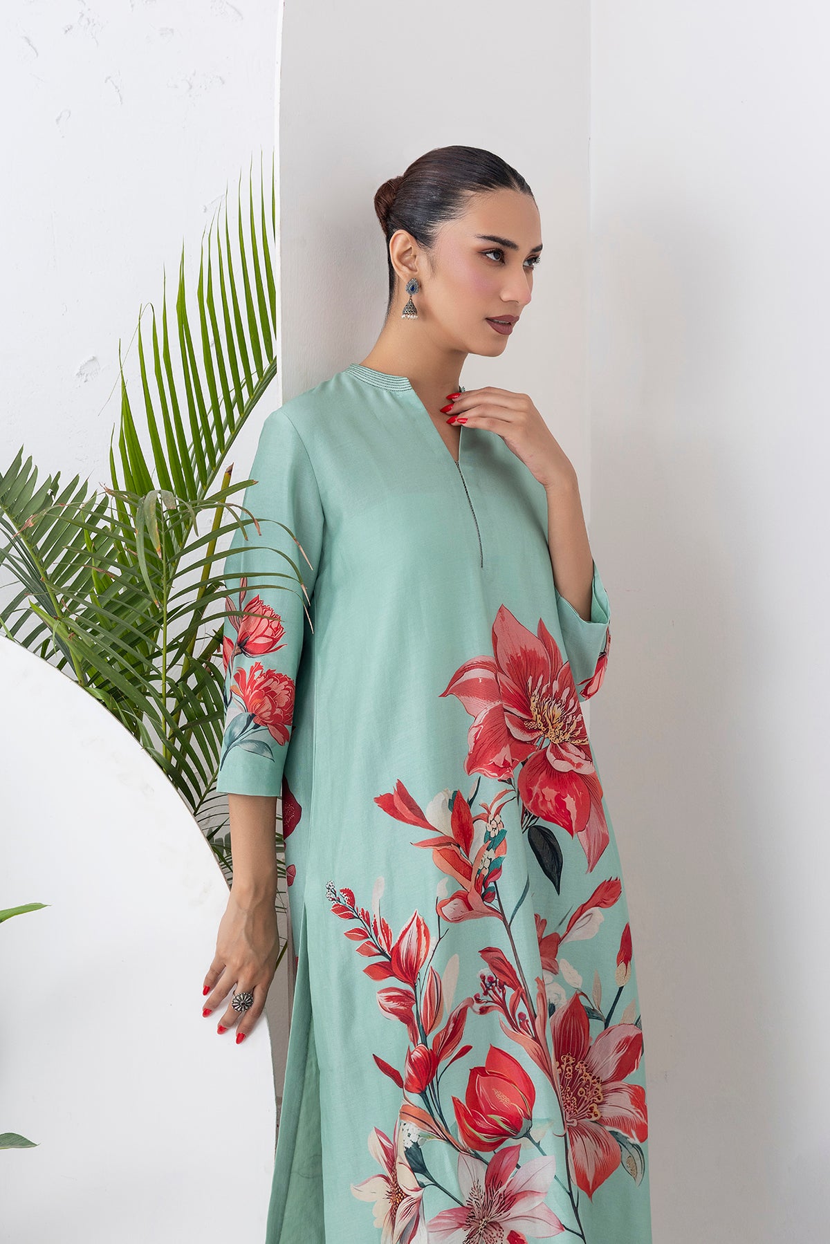 Mint Green Silk Chanderi Bloom-Inspired Printed Tunic (1 PC)
