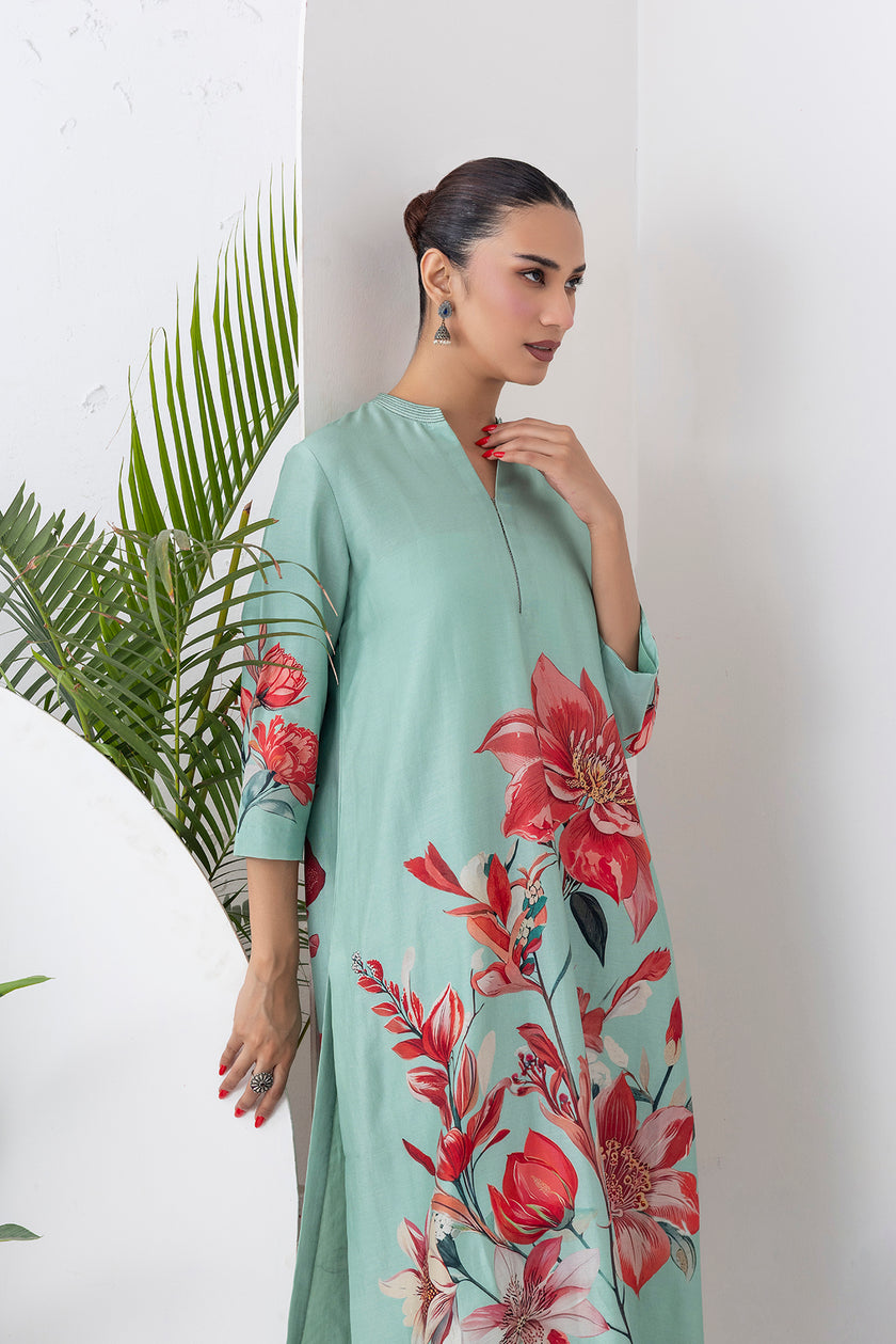 Mint Green Silk Chanderi Bloom-Inspired Printed Tunic (1 PC)