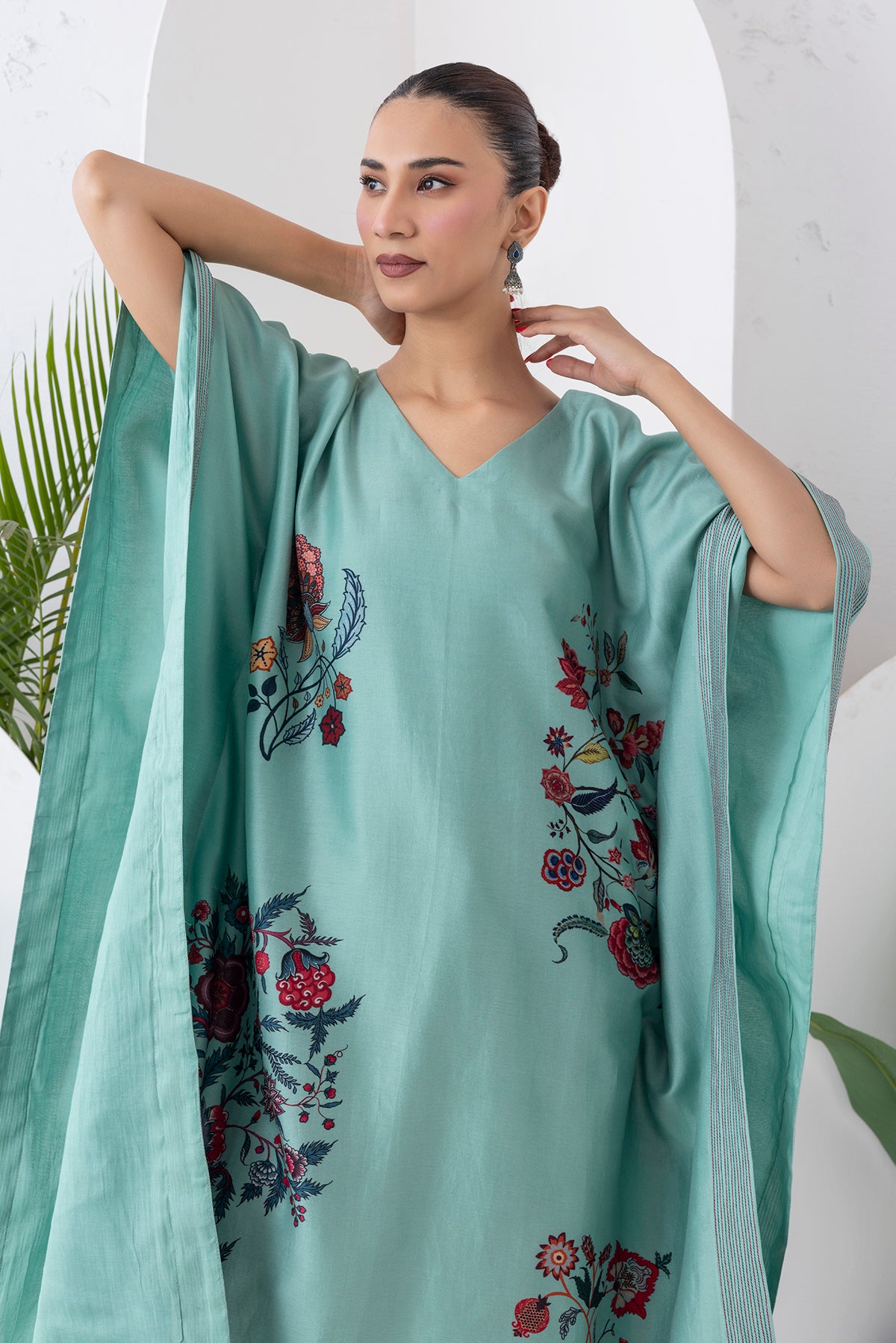 Mint Silk Chanderi Chintz Printed Kaftan (1 PC)