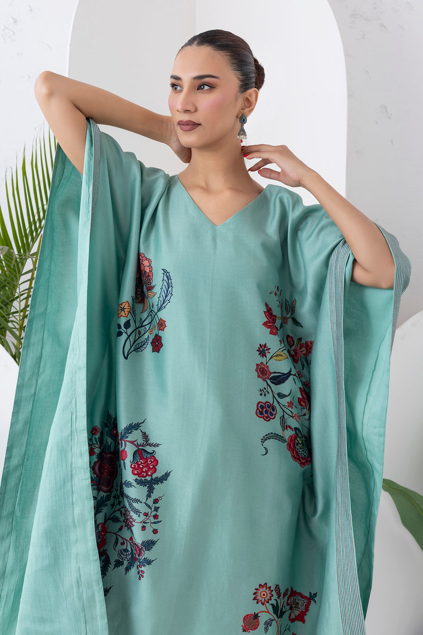 Mint Silk Chanderi Chintz Printed Kaftan (1 PC)